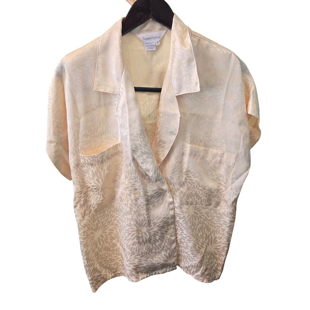 Susan Hutton 14 White/Cream Elegant Floral Short-sleeve Blouse [0463]